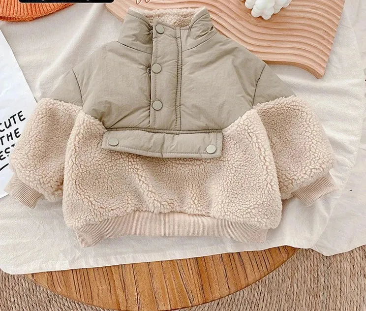 0-6Yrs Children Girls Laml Wool Stitching Coat Warm Fall Girls Plus Velvet Jackets Winter Kids Clothing Outfits