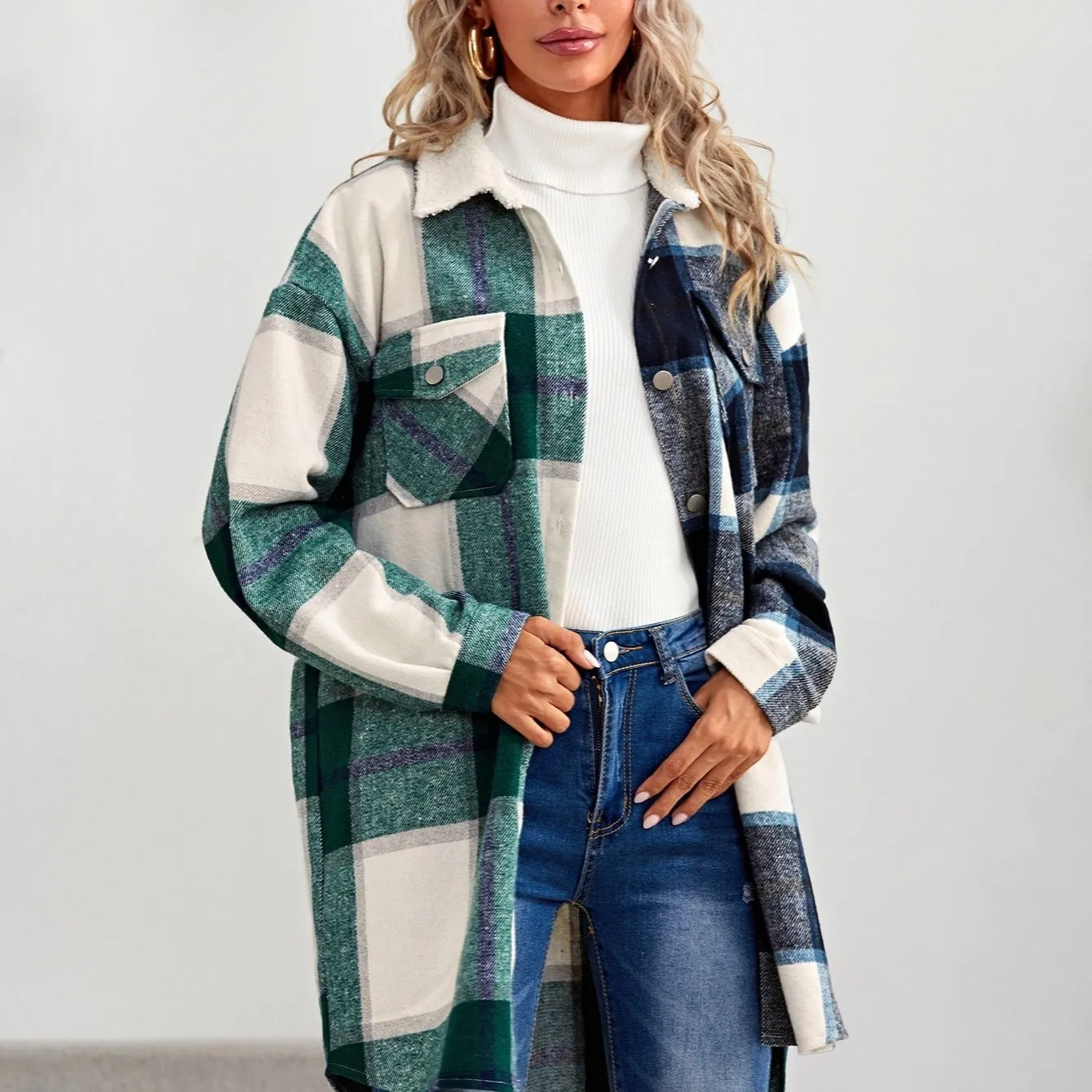Women's Outerwear Mid Length Plaid Jacket Lounge Lapel Button Up Long Sleeve Plaid Long Shirt Spring Coat